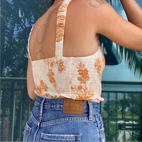 Free People Muted Neutral Smocked Floral Ruffle Tank Top XS - Picture 3 of 7